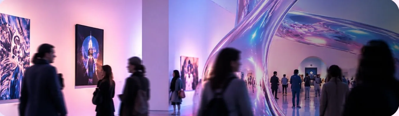 Visitors walking through a gallery exhibition