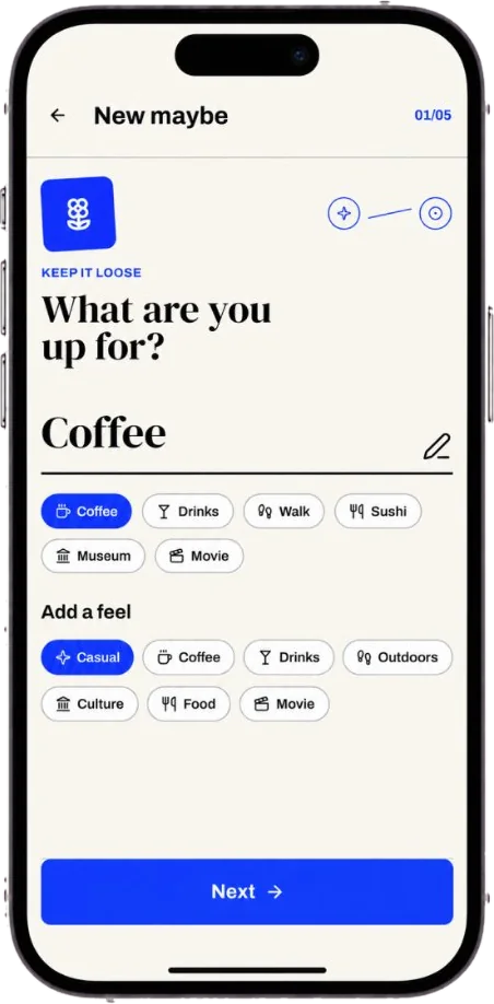 Maybe Waybe app: New maybe screen asking “What are you up for?” with Coffee selected